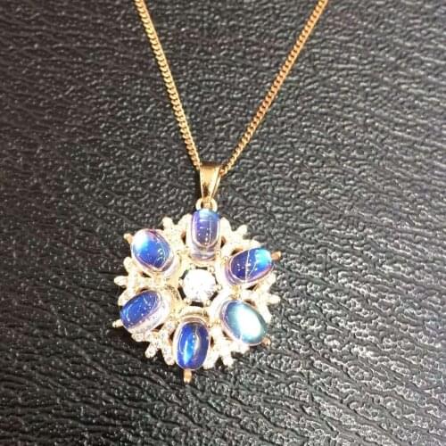 Natural blue moonstone pendant S925 silver Natural gemstone Pendant Necklace trendy Elegant round Fireball women party jewelry