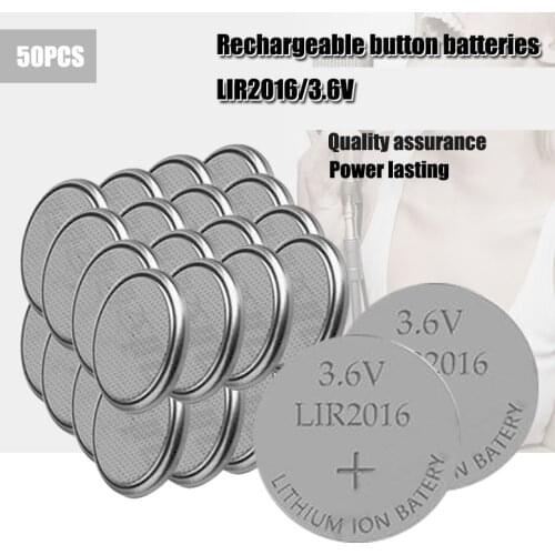 50PCS 3.6V LIR2016 LIR 2016 lithium rechargeable battery for remote control watch computer motherboard button cell CR2016
