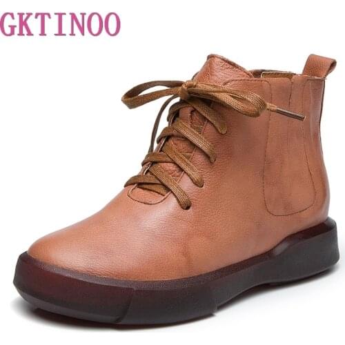 GKTINOO Fashion Winter Shoe Boots Genuine Leather Ankle Shoes Vintage Casual Shoes Warm Velvet Retro Handmade Women Boots