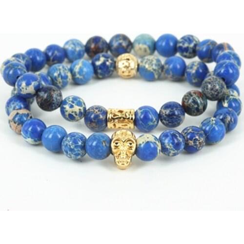 2pcs beaded gold-color skull head charm men bracelet natural blue regalite round stone beads women bracelet