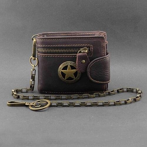 Star Genuine Leather Zipper Card Money Mens Wallet With chain