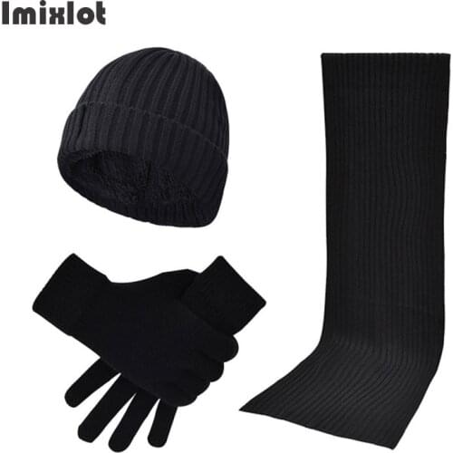 Autumn Winter Knitted Beanie Hat Scarf Glove Sets Men Women Woolen Hats Unisex Thicken Warm Hat Scarf Set Touchscreen Gloves