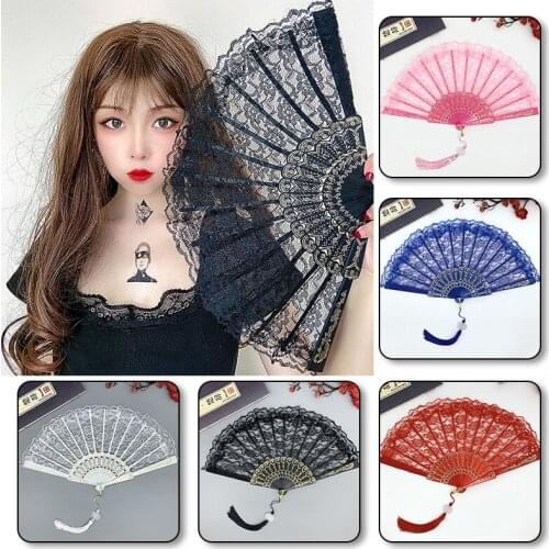 Portable Dancing Props Hand Fan Wedding Plastic Bone Tassel Folding Lace Design Photography Hollowed Out Handmade Accessories