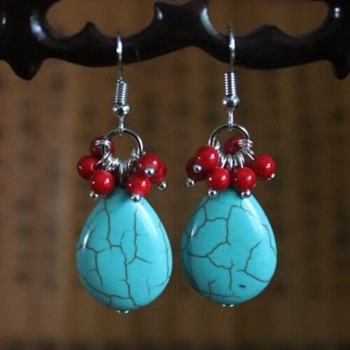 Silver Plated Water Drop Green Turquoises Stone Dangle Earrings for Women Ethnic Style Jewelry