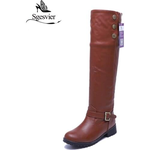 SGESVIER Women Winter Fur Shoes Vintage Low Square Heels Buckle Knee High Boots Round Toe Platform Snow Boots for Women OX019