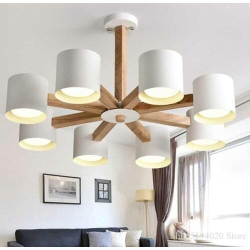 Modern Wood Chandelier Lights Living Room Bedroom White Lampshade Wooden Hanglamp Art Decor Luminaire Lamparas Lighting