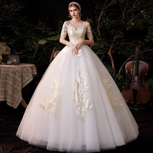 Vestido De Noiva 2021 Wedding Dress Half Sleeve Classic O-neck Floor-length Lace Up Ball Gown Princess Vintage Robe De Mariee