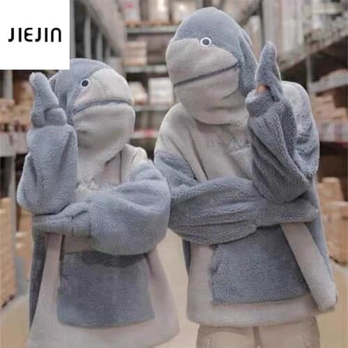 Korean New Kawaii Cute Shark Hoodie Moman Embroidery Pullover Winter Warm Pullover Harajuku Lovely Shark Casual Sweatshirts 3XL
