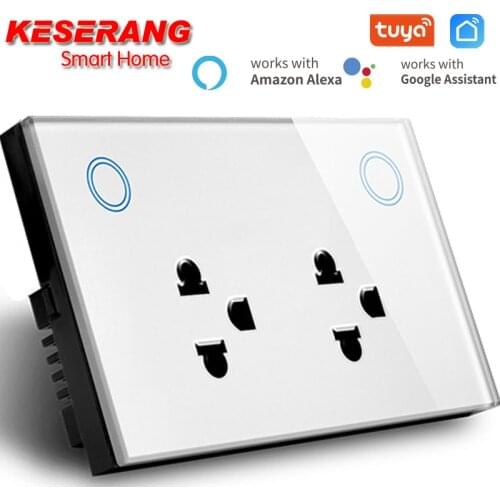 Tuya Smart Thai Smart Double WIFI Socket 3 Pin 10A,Touch Glass panel WIFI Outletl,Touch/APP control,Compatible Alexa & Google