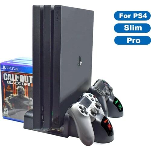 For PS4 Slim Pro Vertical Stand with Cooling Fan 2 Controller Charging Dock 10 Games Storage for Sony Playstation 4 Pro Slim