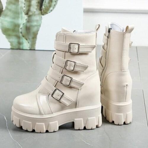 Sexy Punk Party Wedge Ankle Boots Buckle Leather Black Motorcycle Women Boots Platform Chunky Heel Shoes For Female 10 cm