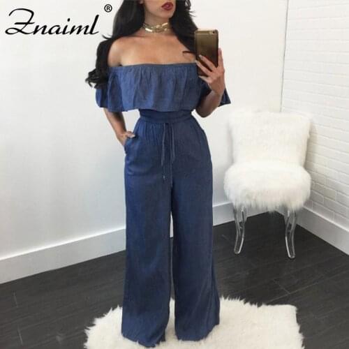 Znaiml Womens Off Shoulder Ruffles Jeans Jumpsuit Short Sleeve Denim Playsuits Rompers Casual Streetwear Party Club Jumpsuit