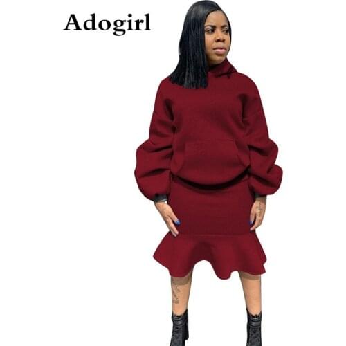 2019 Autumn Winter Women Hooded Long Lantern Sleeve Top +Knee Length Ruffle Hem Skirt Two Piece Set Office Daily Plus Size XXL
