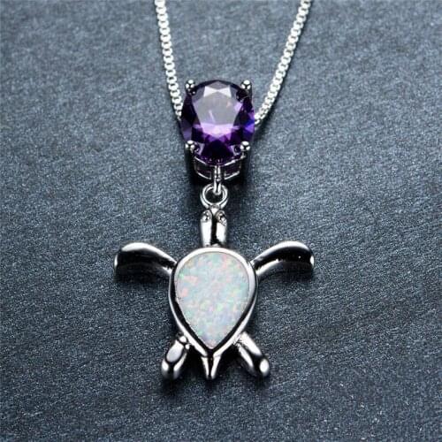 Cute Turtle Water Drop White Opal Pendants Necklaces For Women Purple Oval Crystal Stone Necklace Vintage Fashion Chain Necklace
