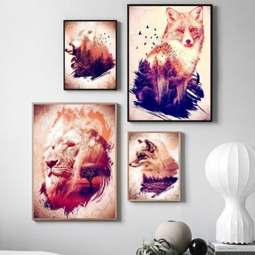 Abstract Mystery Landscape Animal Wall Art Canvas Painting Tiger Lion Fox Posters and Prints Wall Pictures for Living Room Decor