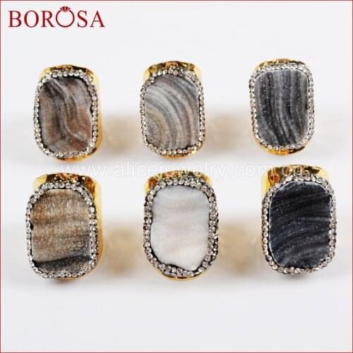 BOROSA Fashion 5/10PCS Freeform Brazilian Galaxy Quartz Gold Band Ring Crystal Paved Zircons Gems Quartz Adjustable Rings JAB916