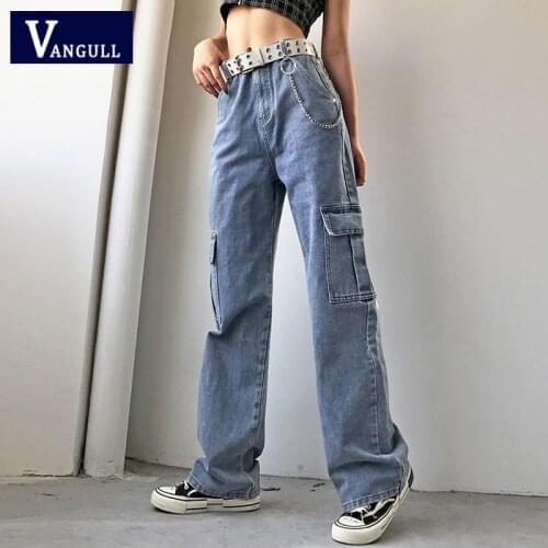 Vangull Pockets Patchwork High Waist Jeans Women Streetwear Straight Denim Full Length Trouses Vintage Loose Female Belt Jeans