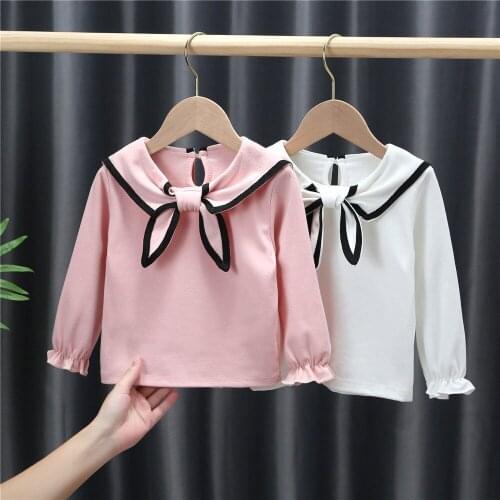 Cotton Girls T-Shirt Elegant Bow Turn-down Collar Long-sleeve Baby Kids Bottoming Shirt for Children Clothes Bow Girl Tops