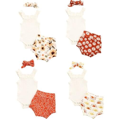 Summer New Lovely Baby Girls Clothes Set Solid Color Ribbed Sleeveless Romper+Sun/Floral Print Shorts+Headband 3PCS Infant Suit