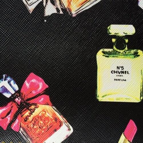 2018 fashion Synthetic PVC Perfume and lipstick printed leather material AJ7066