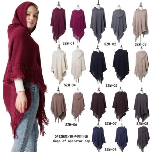 DUOJIAOYAN New knitted Soild color shawl poncho Pullover cape Winter warm fashion cloak poncho hooded for women lady
