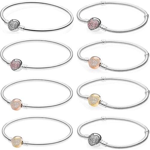 Original Pave Heart With Crystal Circular Clasp Snake Chain Bangle Bracelet Fit Europe Bangle 925 Sterling Silver Charm Jewelry