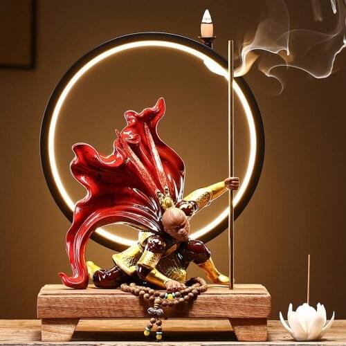 Qitiandasheng Backflow Incense Burner With Led Light Smoke Waterfall Cermic Suwukong Incense Sticks Holder With 20 Pcs Cones