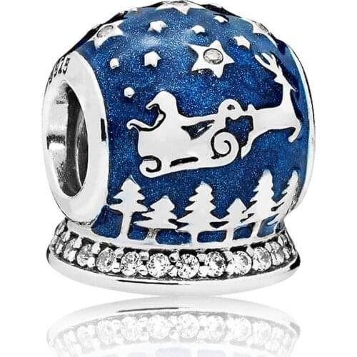 925 Sterling Silver Christmas Night Charm, Midnight Blue Enamel & Clear CZ Fit Pandora Bracelets Charms for DIY Women Jewelry
