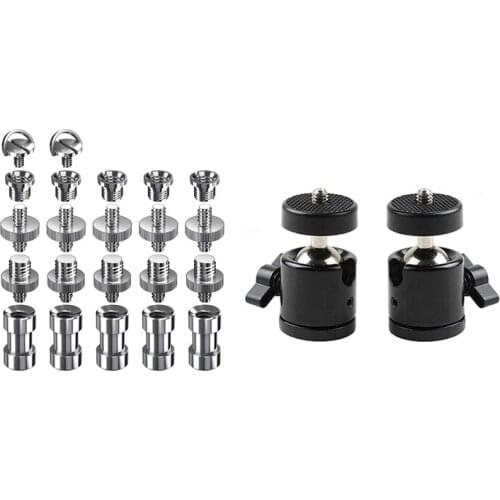 Retail 2Pcs 1/4 Inch Mini Tripod Ball Head Bracket Holder Mount Ballhead for DSLR Camera & 22 Pcs Tripod Screw Adapter Converter