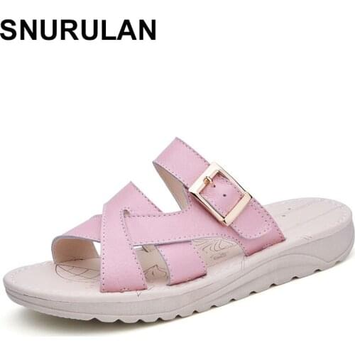 SNURULAN Summer Women Flat Slippers Genuine Leather Sandals Women Comfortable Shoes Ladies Beach Shoes Women Slides