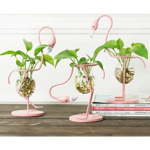 Flamingo Shape Glass Tabletop Plant Bonsai Vase Metal Flower Pot Wedding Christmas Home Decoration Accessory
