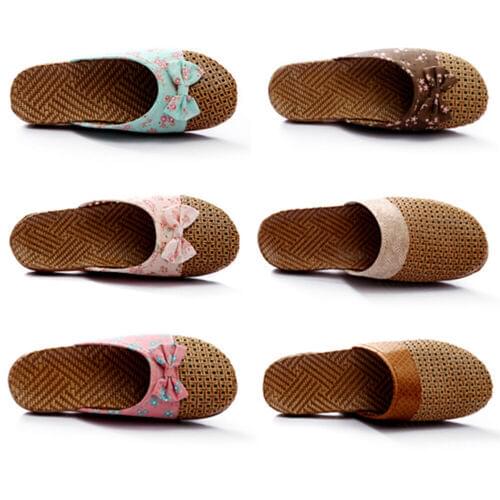Unisex Linen Flax Plaid House Flat Slipper Indoor Home Cozy Open Toe Scuffs Women Men Fashion Slipper