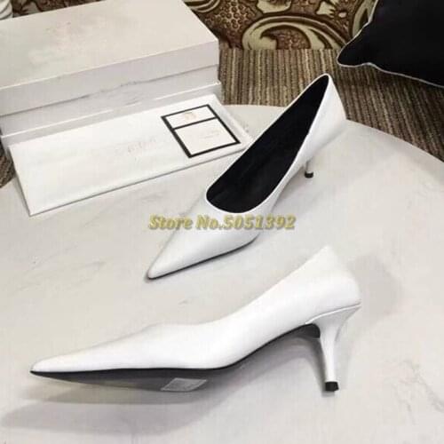 Top Quality Leather Women Pumps Thin High Heel Sexy Pointed Toe Slip On Dress Women High Heel Shoes Solid Whtie Pink Red Shoes