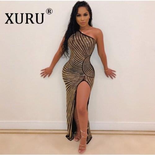 XURU Europe and The United States New Womens Sexy Mesh Hot Drilling Dress One Shoulder Split Long Dress Female