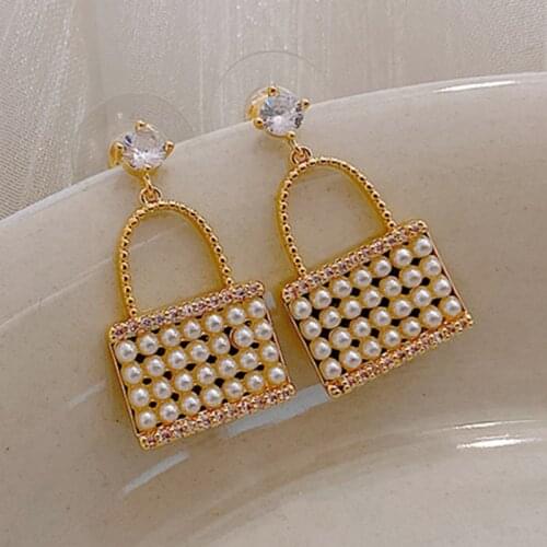 Yaologe Personality Dazzling Golden Earrings 2020 Summer New Fashio Pearl Bag Pendant Earrings Female Wedding Party Jewelry