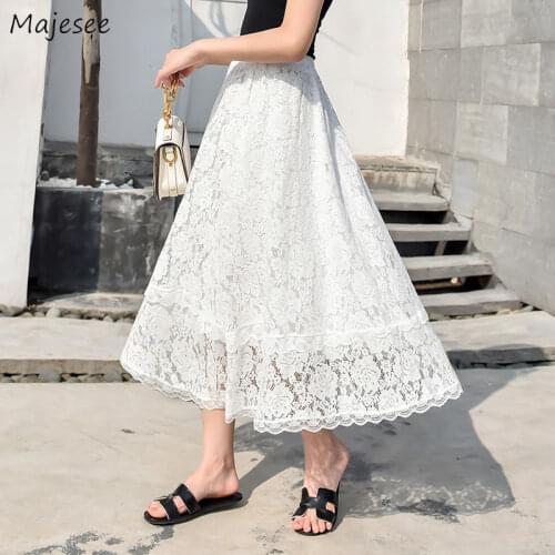 Skirts Women Elegant Lace Mind-calf Simple Elastic Waist Trendy Female French Hollow Out Holiday Office Soft All-match A-line