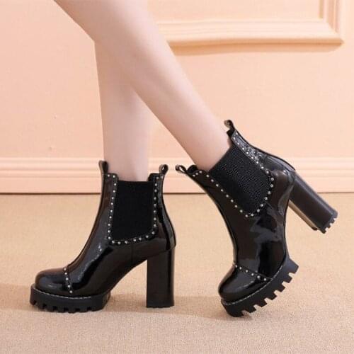 Women Boots Short Boots High Heels Female Shoes Solid Rivet Ankle Boots For Ladies Lace Up Zipper Elegant Round Toe Fashion