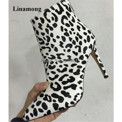 Women Sexy Pointed Toe White Leopard Suede Leather Thin Heel Short Boots Zipper-up High Heel Ankle Boots Club Dress Shoes