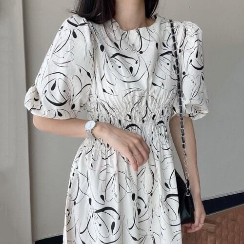 Korean Chic Summer Elegant Round Neck Chic Print Design Pleated Waist Knee Long Puff Sleeve Dress