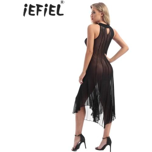 Women Fashion Sleeveless Mesh Dress Solid Gothic See-through Sexy Dress Female Keyhole Exotic Dresses for Club Stage Performance