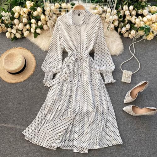 2021 Spring Summer Casual Stretch Vintage Maxi Dress Ladies Long Sleeve Polka Dot Chiffon Pleated Dresses For Women Clothes