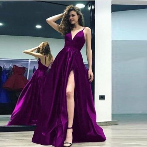 An070 Sexy High Split Legs Length Evening Dress V-Neck Prom Gowns Spaghetti straps Formal Evening Gowns Noble Robe De Soiree
