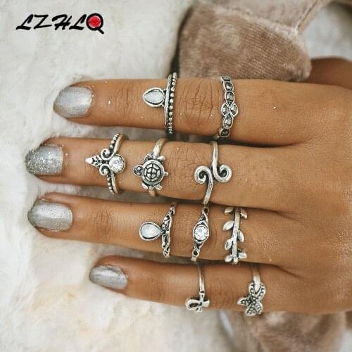 LZHLQ Vintage Women Ring 2019 Fashion Brand Jewelry Geometric Alloy Turtle Starfish Joint Ring 10 Pieces Combination Accessories