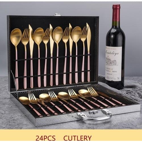 24PCS Steak Knife and Fork Set Tableware Luxury Spoon Rose Gold Flatware with Gift Box