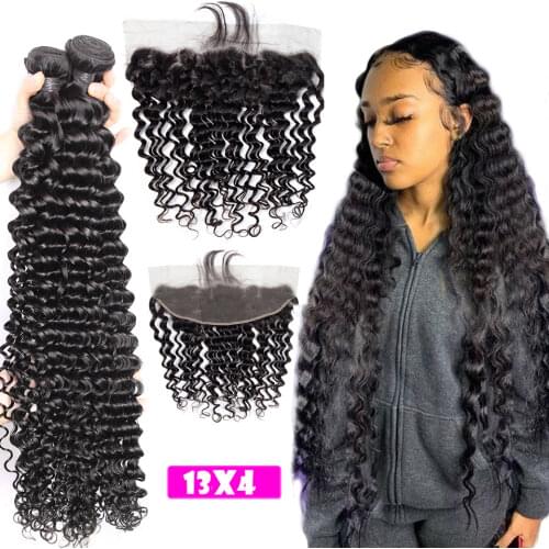 COVERQUEEN 30 32 34 36 38 40 inch Curly Brazilian Hair Weave Bundles With Frontal 13x4 Remy Human Hair Bundles With Lace Closure
