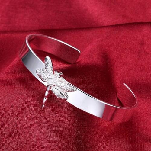 DOTEFFIL 925 Sterling Silver Dragonfly Smooth Bangle Bracelet For Woman Wedding Engagement Fashion Charm Party Jewelry