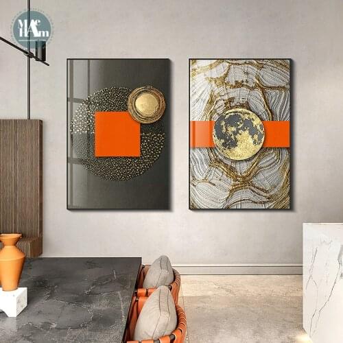 Abstract Orange Canvas Print Painting Gold foil geometric color Poster Wall Art Pictures on Canvas Living Room Office Decor