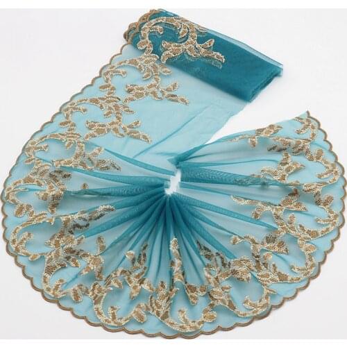 2yards/lot 7.09 Inches Wide Embroidered Lace Fabric Tulle Lace trim mesh lace trim~Blue+golden~High Quality