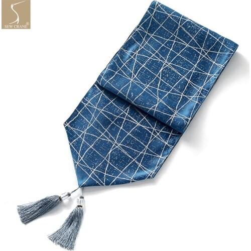 Geometric Lines in Art Blue Jacquard Table Runner with Tassel