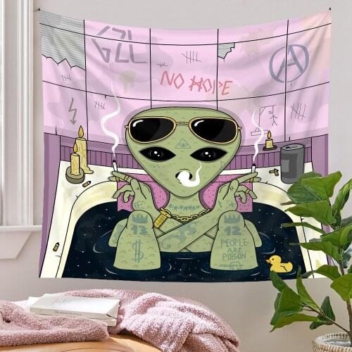 Hippie Smoking Alien Wall Tapestry Desperate Art Cartoon Picture Night Sky Psychedelic Carpet Home Decoration Wall Blanket Decor